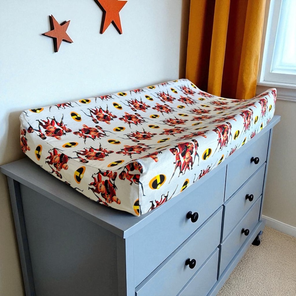The Incredibles Family Red & White Changing Pad Cover - Baby Nursery Decor